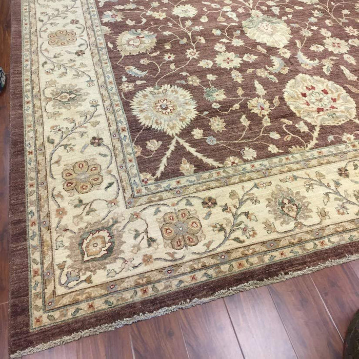 Authentic Handmade fine Pakistan Rug-Real Wool Allover Stone Washed-Chocolate/Beige-(10 by 14 Feet)