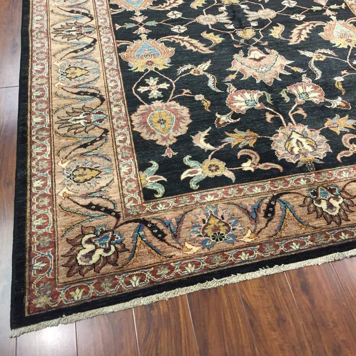 Authentic Handmade fine Pakistani Rug-Wool Allover/Floral Pattern-Black/Gold/Multi-(7 by 8.8 Feet)