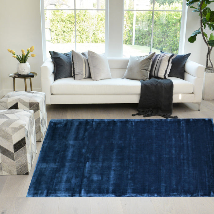 Royal Blue Color Rugs Tencel Ultra-Soft Hand Knotted in India 5' X 8' Rugs for Dining Room