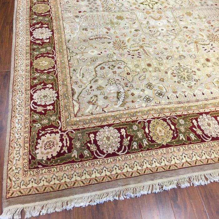 Authentic Handmade fine Indiaian Rug-Wool Floral Pattern-Light Olive/Burgundy-(8 by 10.2 Feet)