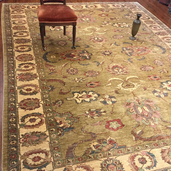 Authentic Wool Handmade Pakistan Area Rug Floral Ziegler Faded-Sage/Beige/Burgundy-(9 by 12 Feet)