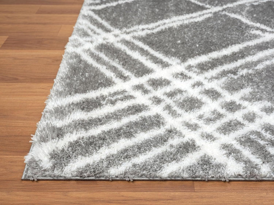 HR Chic Geometric Diamond-Patterned Shag Rug Plush High-Pile Luxury Area Rug in Neutral Grey and White #26229