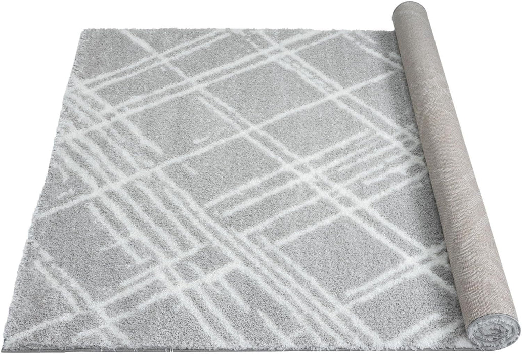 HR Chic Geometric Diamond-Patterned Shag Rug Plush High-Pile Luxury Area Rug in Neutral Grey and White #26229