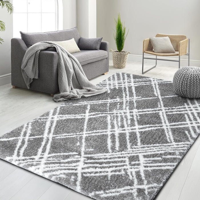 HR Chic Geometric Diamond-Patterned Shag Rug Plush High-Pile Luxury Area Rug in Neutral Grey and White #26229