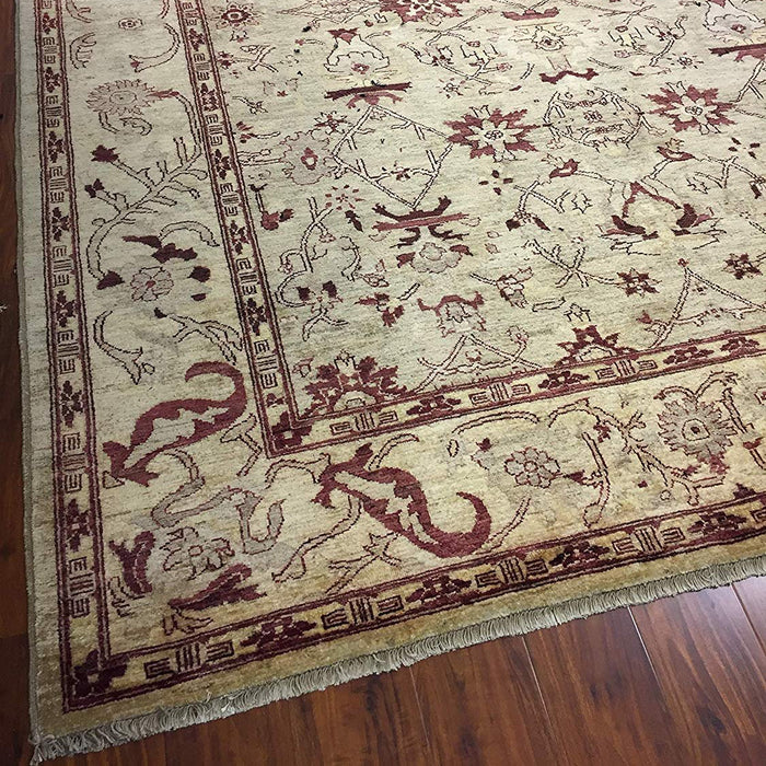 Authentic Handmade fine Pakistani Rug-Wool Allover/Floral Pattern-Light Olive/Beige-(8.3 by 9.10 Feet)