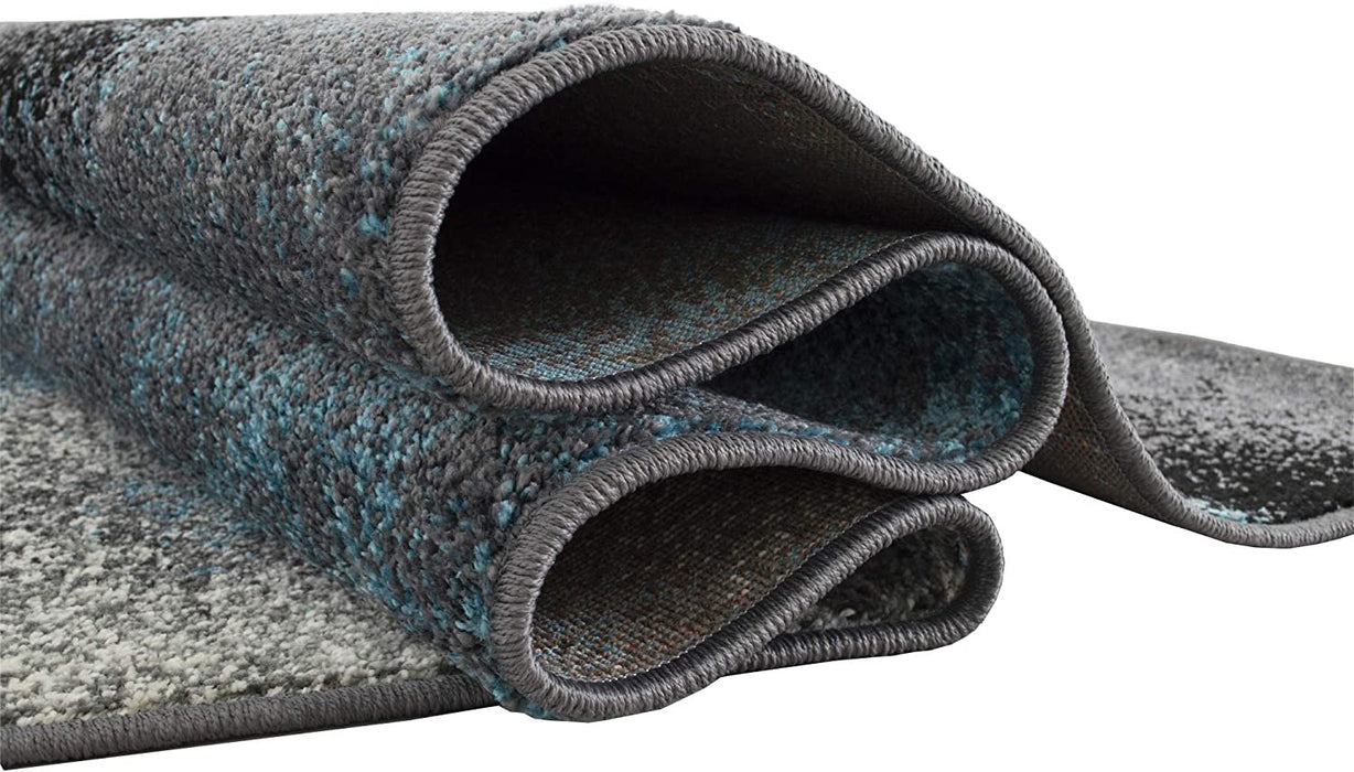 HR - 5’ X 7' Abstract Distressed Color Rugs Modern, Blue Silver Black Gray